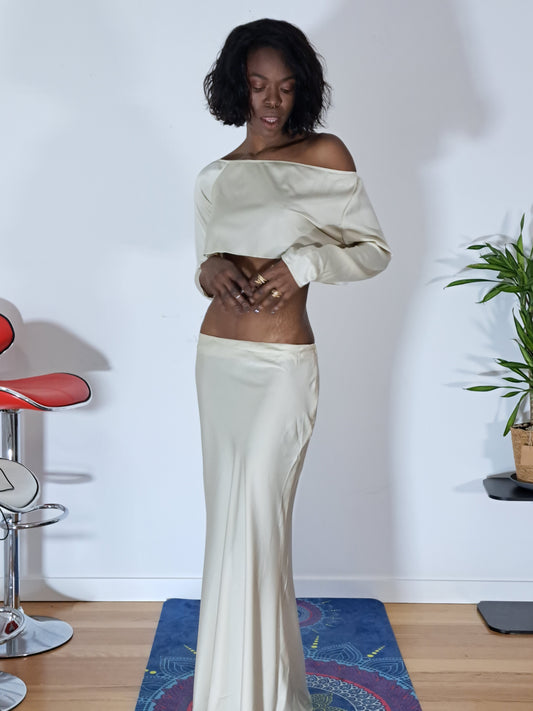 Conjunto de 2peç de top-curto ombro a ombro e saia de sereia de cetim, estilo elegante