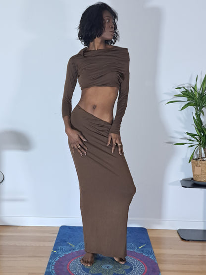 Conjunto simples, elegante plissado malha, saia de malha com cintura baixa