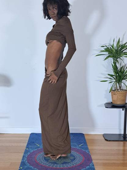 Conjunto simples, elegante plissado malha, saia de malha com cintura baixa