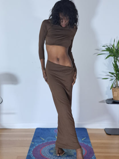 Conjunto simples, elegante plissado malha, saia de malha com cintura baixa