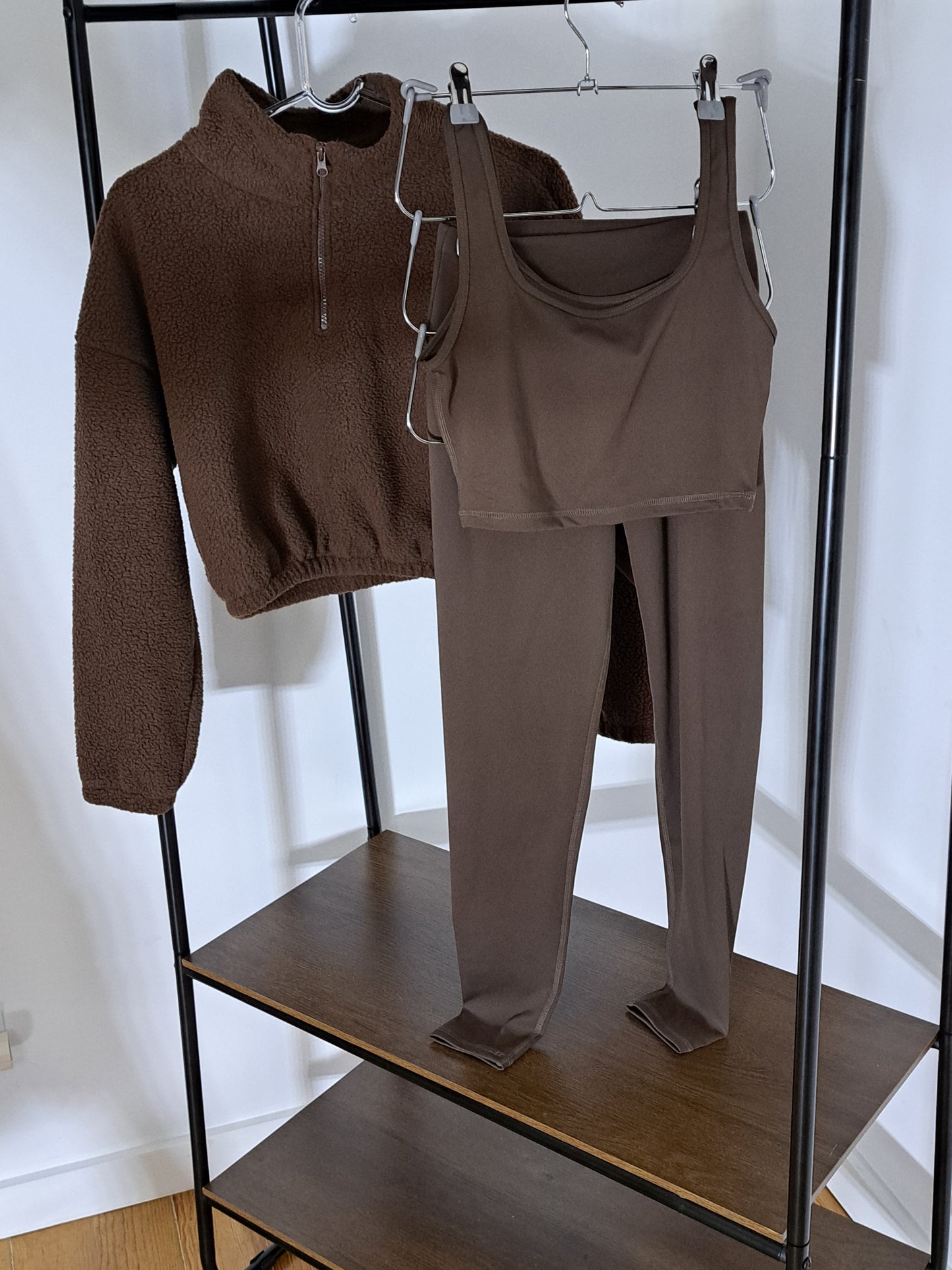 Conjunto 3 peças Yoga-Treino Top,Calça,Casaco de mangas comprida e fecho frontal