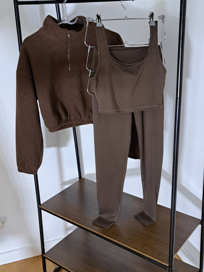 Conjunto 3 peças Yoga-Treino Top,Calça,Casaco de mangas comprida e fecho frontal