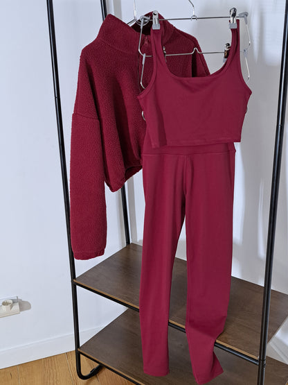 Conjunto 3 peças Yoga-Treino Top,Calça,Casaco de mangas comprida e fecho frontal